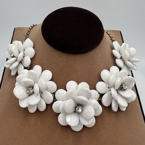 J.Crew Statement Necklace White Floral Rosette Rhinestones Bauble Bib Collar